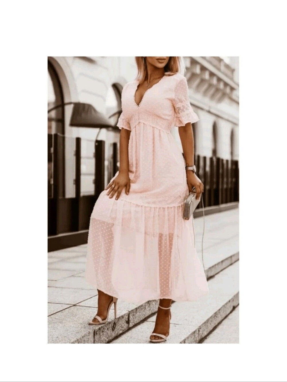 Swiss Dot Lace Maxi Dress With V Neck And Ruffles - Picture 5 of 6